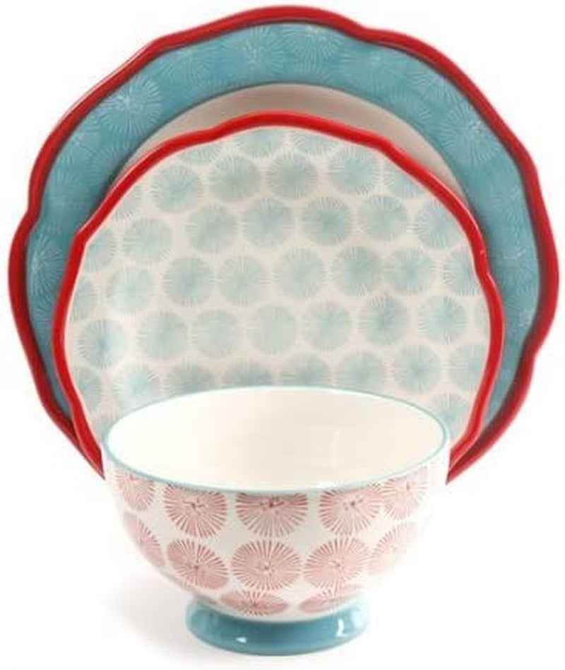 Happiness Rim Scalloped 12-Piece Dinnerware Set, Red, the Pioneer Woman