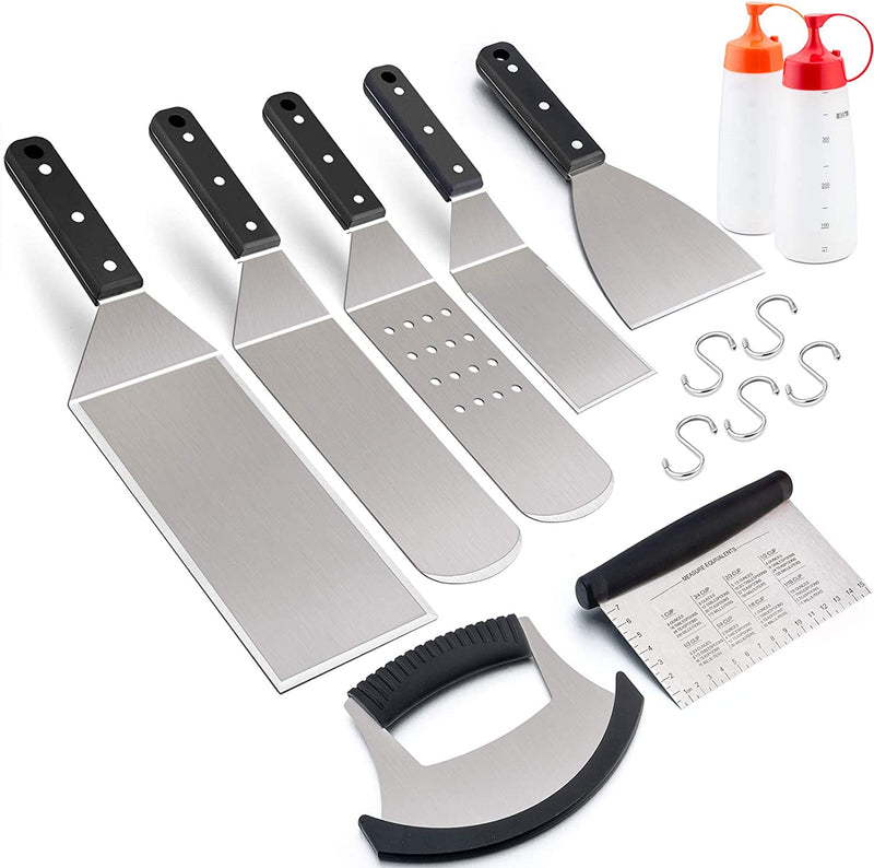 Leonyo 9 PCS Griddle Grill Accessories, Stainless Steel BBQ Metal Spatulas Set, Grilling Tools Kit for Barbecue Flat Top Cast Iron Hamburger Cooking Camping Indoor & Outdoor