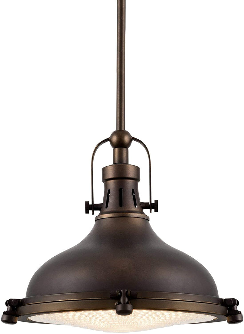 Kira Home Beacon 11" Industrial Farmhouse Pendant Light with round Fresnel Glass Lens, Adjustable Hanging Height, Brushed Nickel Finish Home & Garden > Lighting > Lighting Fixtures Kira Home Oiled Bronze  