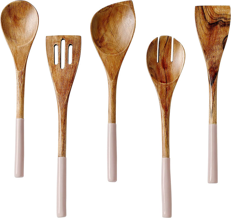 Folkulture Wooden Spoons for Cooking Set for Kitchen, Non Stick Cookware Tools or Utensils Includes Wooden Spoon, Spatula, Fork, Slotted Turner, Corner Spoon, Set of 5, 12 Inch, Acacia Wood, White Home & Garden > Kitchen & Dining > Kitchen Tools & Utensils Folkulture Blush Pink  