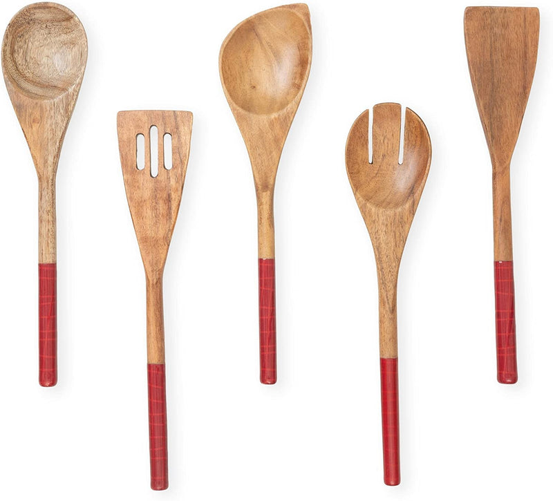 Folkulture Wooden Spoons for Cooking Set for Kitchen, Non Stick Cookware Tools or Utensils Includes Wooden Spoon, Spatula, Fork, Slotted Turner, Corner Spoon, Set of 5, 12 Inch, Acacia Wood, White Home & Garden > Kitchen & Dining > Kitchen Tools & Utensils Folkulture Red Checks  