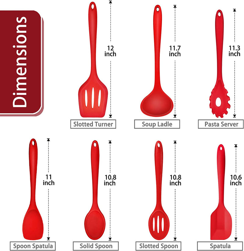 Kitchen Utensil Set of 7, P&P CHEF Silicone Cooking Utensils, Red Kitchen Tools Spatula Set for Nonstick Cookware Cooking Serving, Slotted Turner, Soup Ladle, Spatula, Pasta Server, Spoon