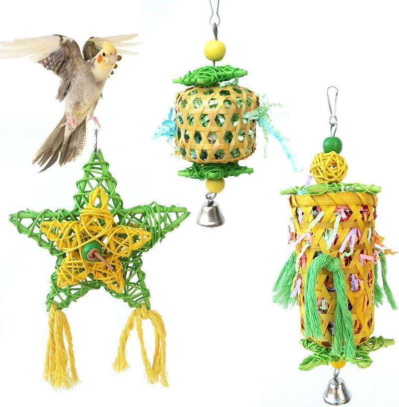 Cooshou 3Pcs Bird Parrot Shredder Toys Handmade Bamboo Parrot Conures Chewing Toy with Rattan Five-Pointed Stars Small Bird Hanging Swing Foraging Toy for Cockatiels Budgie Parroket Animals & Pet Supplies > Pet Supplies > Bird Supplies > Bird Toys CooShou   