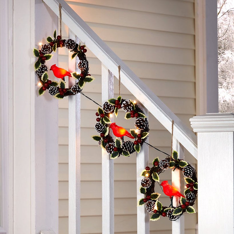 Solar Lighted Wreath - Christmas Cardinal Outdoor Decoration - Set of 3