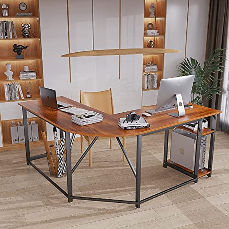 Reversible L Shaped Office Desk with Storage, 60 Inch round Corner Computer Desk, Home Office Desk, Study Writing Table Gaming Workstation（Adjustable Shelves, Walnut） Home & Garden > Household Supplies > Storage & Organization Himimi   