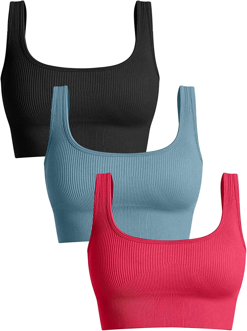 OQQ Women'S 3 Piece Medium Support Tank Top Ribbed Seamless Removable Cups Workout Exercise Sport Bra Sporting Goods > Outdoor Recreation > Winter Sports & Activities OQQ Black Blue Brightred Medium 