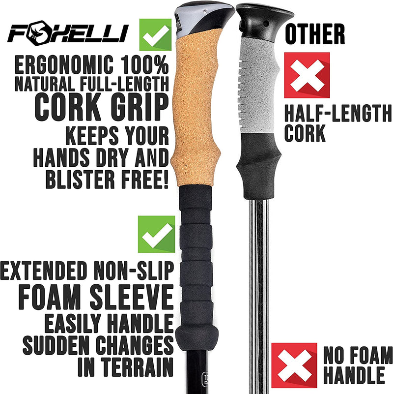 Foxelli Trekking Poles – 2-Pc Pack Collapsible Lightweight Hiking Poles, Strong Aircraft Aluminum Adjustable Walking Sticks with Natural Cork Grips and 4 Season All Terrain Accessories