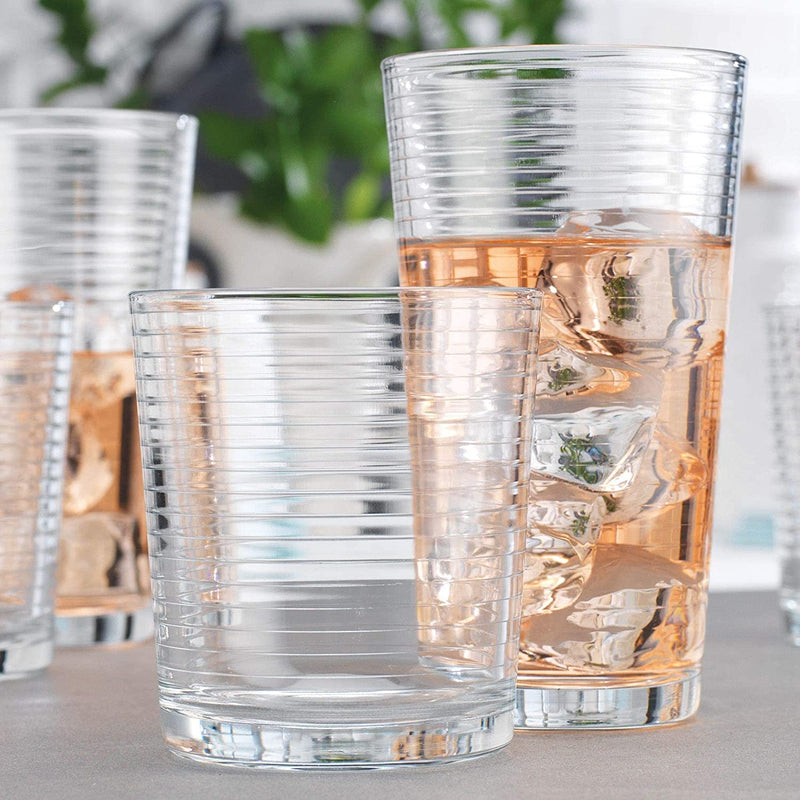 Drinking Glasses - Set of 8 Glass Cups, 4 Highball Glasses (17Oz) 4 Rocks Glasses (13Oz) Ribbed Glasses for Mixed Drinks, Water, Juice, Beer, Wine, Excellent Gift!
