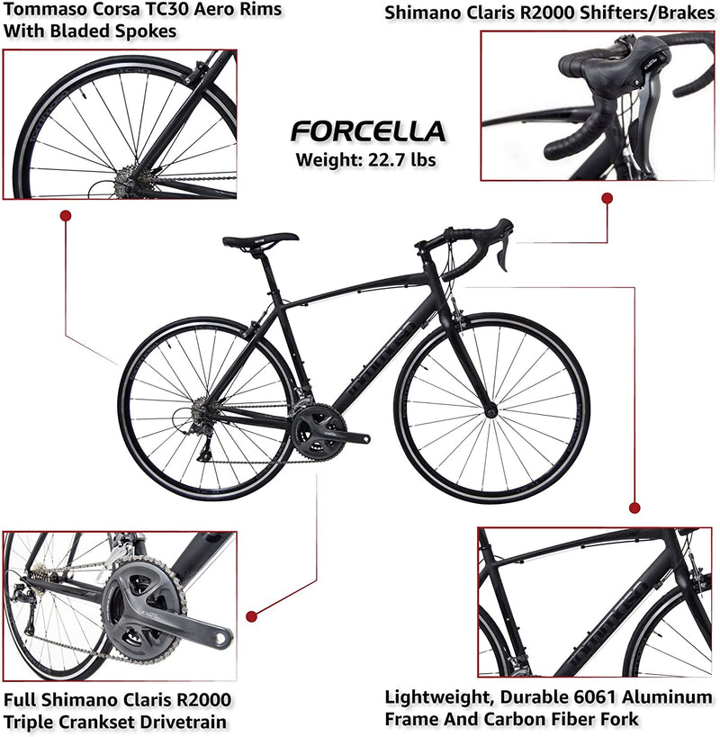 Tommaso Forcella Endurance Aluminum Road Bike, Carbon Fork, Shimano Claris R2000, 24 Speeds, Aero Wheels, Matte Black, Matte White Sporting Goods > Outdoor Recreation > Cycling > Bicycles Tommaso   
