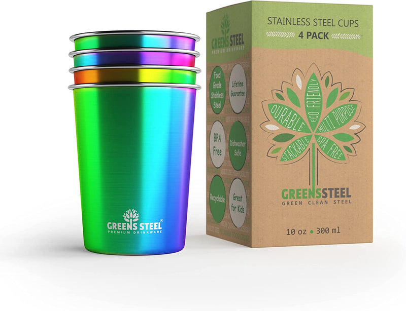 Stainless Steel Cups 16 Oz Pint Tumbler (4 Pack) - Premium Metal Drinking Glasses | Stackable Durable Cup (16 Oz Rainbow) Home & Garden > Kitchen & Dining > Tableware > Drinkware Greens Steel 10 oz - Rainbow  