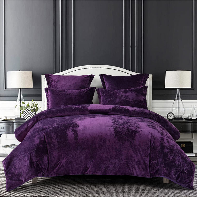 Sunshine Nicole Distressed Velvet Comforter Set, Distressed Velvet Face and Brushed Solid Microfiber Reverse, with Light Weight Soft Poly Fill, 5 Pieces Restful Green, Queen Home & Garden > Linens & Bedding > Bedding > Quilts & Comforters Sunshine Nicole Purple King 