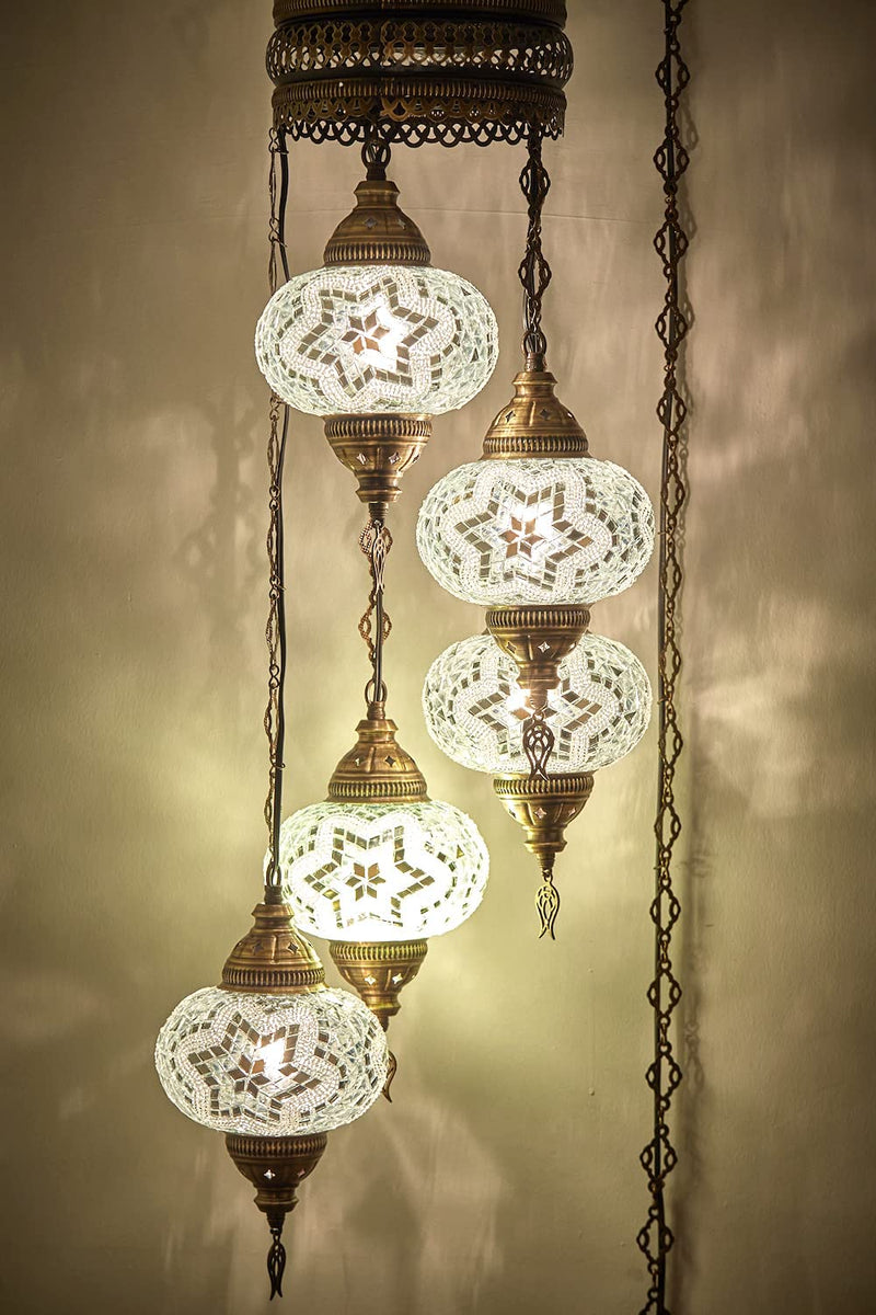 DEMMEX Swag Plug in Light, Turkish Moroccan Colorful Mosaic Wall Plug in Ceiling Hanging Light Chandelier Lighting with 15Feet Chain Cord & Plug, 5 Big Shades (Multi) Home & Garden > Lighting > Lighting Fixtures > Chandeliers DEMMEX White & Clear  