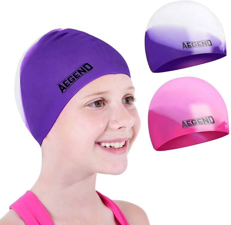 Aegend 2 Pack Kids Swim Cap for Age 4-12, Durable Silicone Swimming Cap for Boys Girls Youths, Comfortable Fit for Long/Short Hair, 3 Colors Sporting Goods > Outdoor Recreation > Boating & Water Sports > Swimming > Swim Caps Aegend Bright Purple & Pink Medium(age 4-8) 