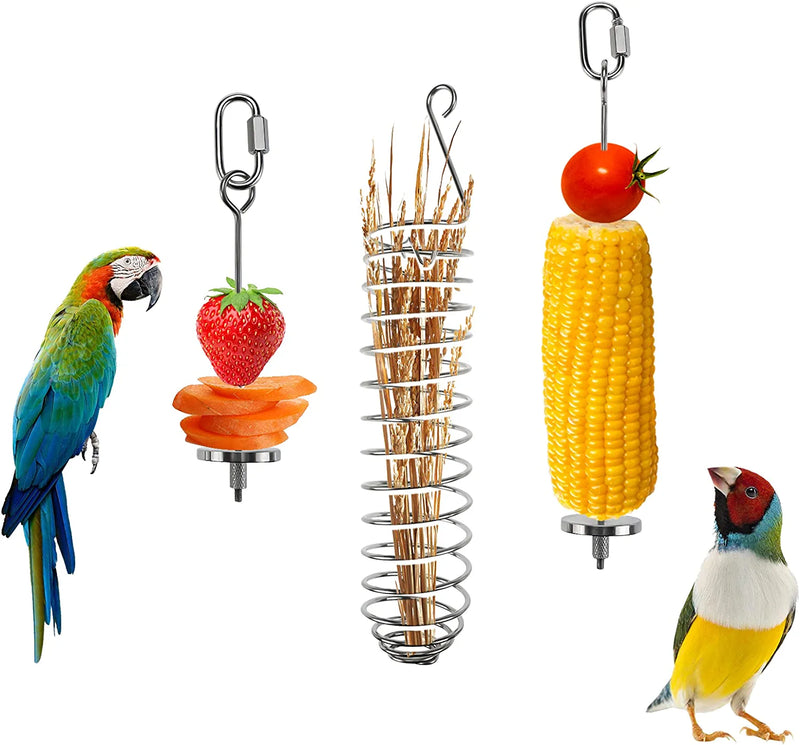 Patioer 3 Pieces Bird Food Holder Stainless Steel Parrot Hanging Vegetable Fruit Feeder Bird Treat Skewer Include 2 Pieces Small and Large Fruit Fork and a Food Basket, Parrot Foraging Toy Animals & Pet Supplies > Pet Supplies > Bird Supplies > Bird Cage Accessories > Bird Cage Food & Water Dishes Patioer   