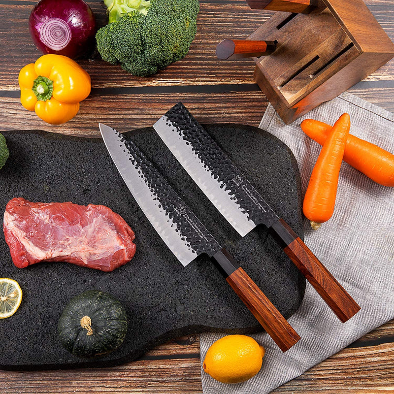 FAMCÜTE Japanese Chef Knife Set, 3 Layer 9CR18MOV Clad Steel W/Octagon Handle and Block Wooden Holder for 4Piece Kitchen Knife Set (8” Gyuto Knife, 7” Nakiri Knife, 7” Santoku Knife, 5” Utility Knife)