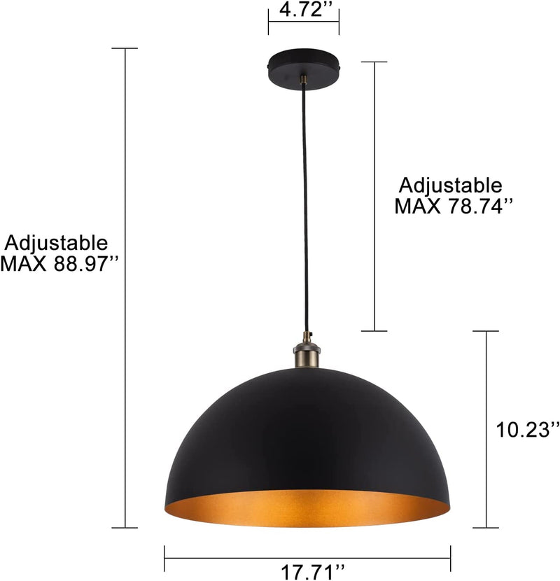 Vintage Pendant Light 17.72‘’ Farmhouse Pendant Lights Industrial Large Dome Chandelier Black and Gold Finish Lighting Fixture Wire Length 78.74 '' for Kitchen Island, Bedroom, Dining Room, Hallway Home & Garden > Lighting > Lighting Fixtures YHANFENGCY   