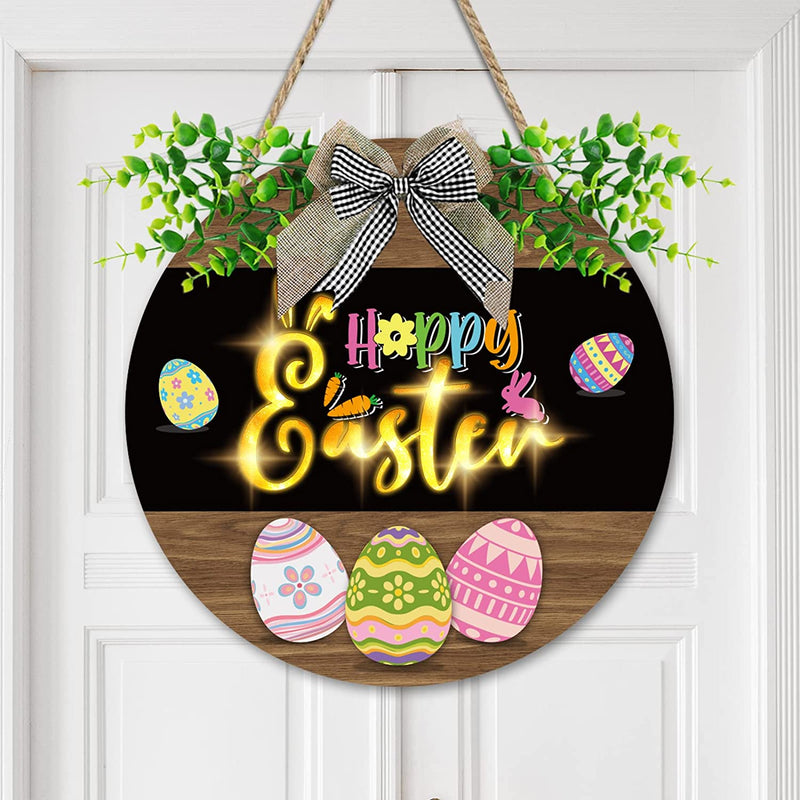 Happy Easter Door Decoration Hanging Sign Lighted Easter Outdoor Welcome Wooden Sign Bow Rustic Easter Eggs Bunny Rabbit Wreath Sign for Easter Spring Holiday Front Door Wall Farmhouse Porch Decor Home & Garden > Decor > Seasonal & Holiday Decorations gisgfim Easter Lighted  