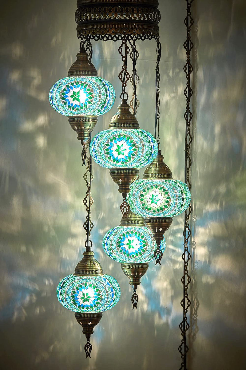 DEMMEX Swag Plug in Light, Turkish Moroccan Colorful Mosaic Wall Plug in Ceiling Hanging Light Chandelier Lighting with 15Feet Chain Cord & Plug, 5 Big Shades (Multi)