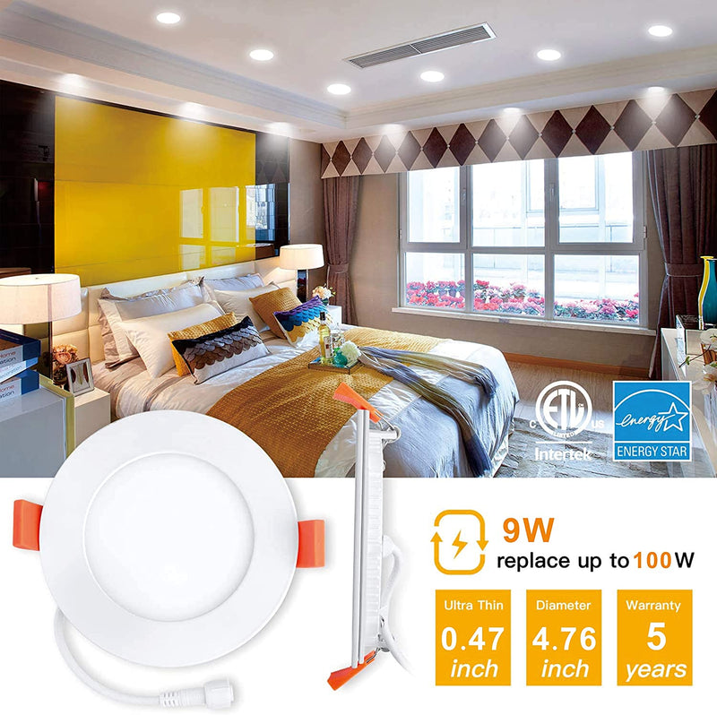 OBSTIME 6 Pack 4 Inch Ultra-Thin Recessed Ceiling Light Slim with Junction Box,2700K/3000K/4000K/5000K/6000K Selectable,Cri 90,9W Eqv 80W, Dimmable LED Can Wafer Lights, High Brightness Downlight Home & Garden > Lighting > Flood & Spot Lights obstime   