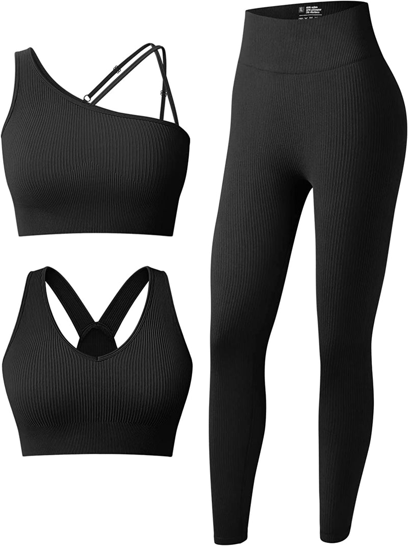 OQQ Women'S 3 Piece Outfits Ribbed Seamless Exercise Scoop Neck Sports Bra One Shoulder Tops High Waist Leggings Active Set Sporting Goods > Outdoor Recreation > Winter Sports & Activities OQQ Black2 Medium 