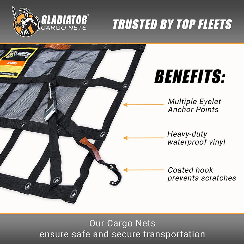 GLADIATOR CARGO NETS - Heavy Duty Cargo Net - Truck Accessory - Cargo Carrier - Truck Organizer - Medium (MGN-100) 6.75' X 8' Ft.