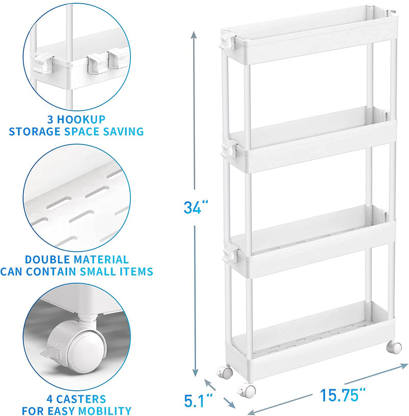 SPACEKEEPER Slim Rolling Storage Cart 4 Tier Bathroom Organizer Mobile Shelving Unit Storage Rolling Utility Cart Tower Rack for Kitchen Bathroom Laundry Narrow Places, White Home & Garden > Household Supplies > Storage & Organization SPACEKEEPER   