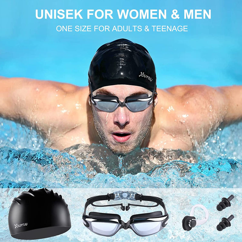 HAISSKY Swim Goggles, Swimming Goggles Set No Leaking anti Fog UV Protection Swimming Goggles with Nose Cover, Ear Plugs and Swim Cap for for Adults, Men, Women, Youth, Child and Kids