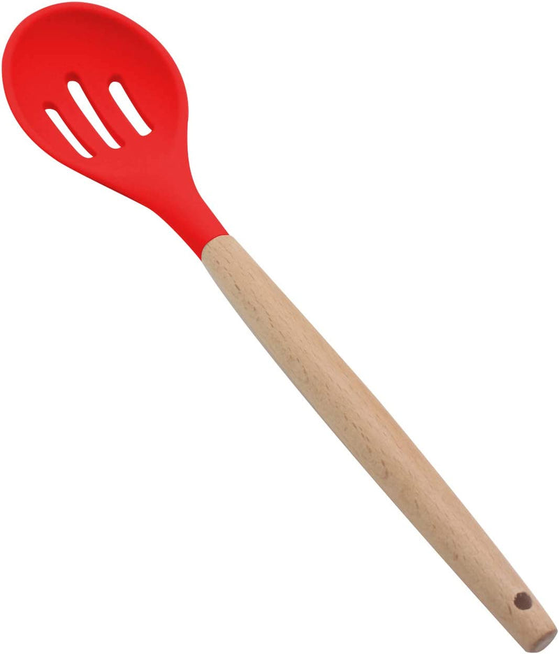 KUFUNG Silicone Slotted Serving Spoon, Wooden Handle Nonstick Mixing Spoon, Heat Resistant up to 480°F. Silicone Kitchen Cooking Utensils Non-Stick Tool for Draining & Serving (Red) Home & Garden > Kitchen & Dining > Kitchen Tools & Utensils KUFUNG Red  