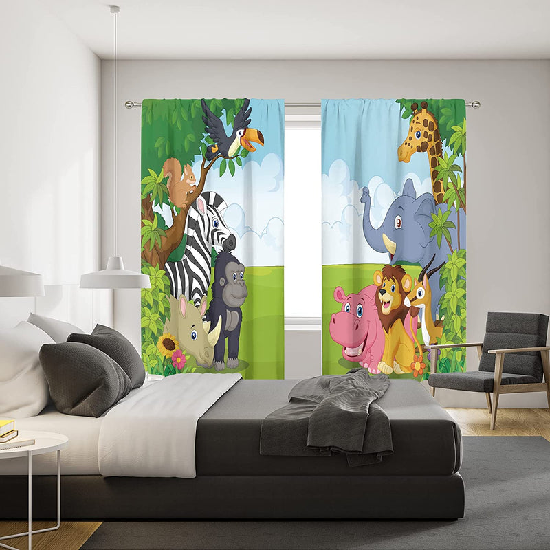MESHELLY Baby Boy Nursery Jungle Safari Curtains 42(W) X 63(H) Inch Rod Pocket Kids Children Play Forest Lion Animal Printed Curtains for Living Room Bedroom Window Drapes Treatment Fabric 2 Panels Home & Garden > Decor > Window Treatments > Curtains & Drapes MESHELLY   