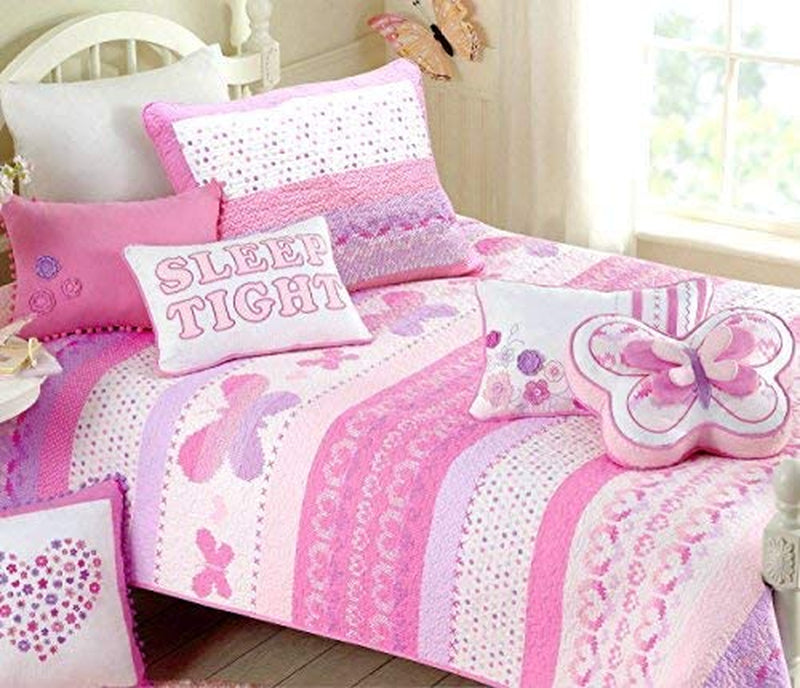 Cozy Line Home Fashions Pink Green Chic Ruffles Girl 100% Cotton Reversible Quilt Bedding Set, Coverlet, Bedspreads (Twin - 2 Piece: 1 Quilt + 1 Sham) Home & Garden > Linens & Bedding > Bedding Cozy Line Home Fashions Butterfly Knit Twin 