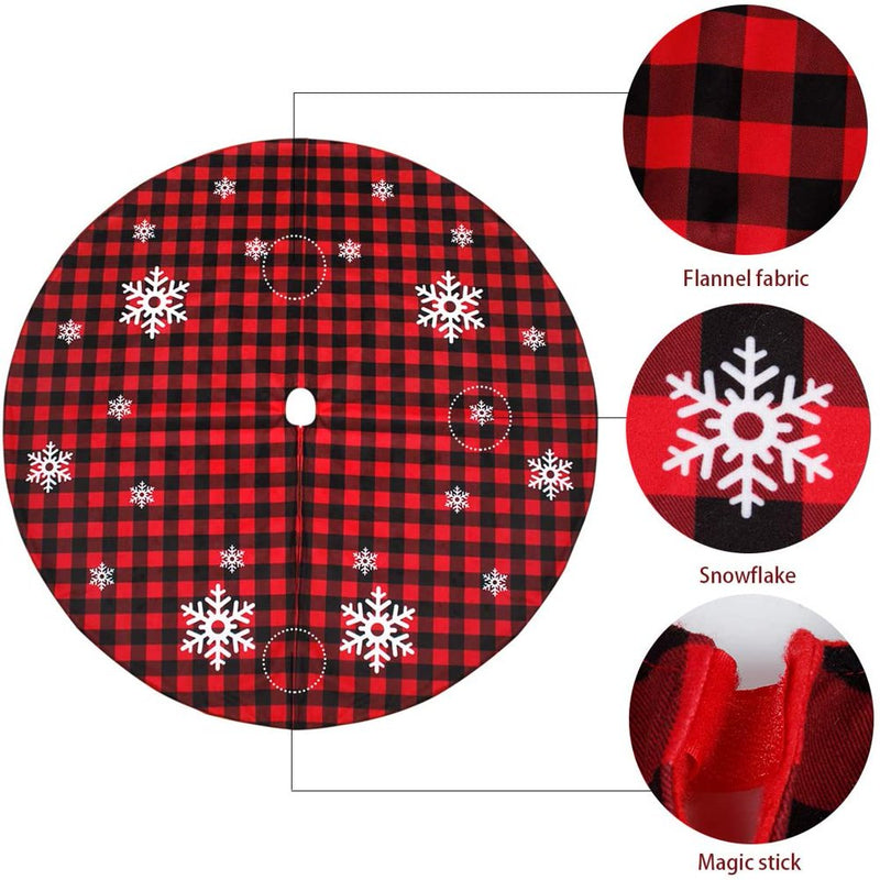 Christmas Tree Skirt Red and Black Buffalo Check Plaid Tree Skirt with Snowflake Design, 46Inch Double Layers Xmas Tree Skirt for Christmas Decorations, Winter New Year House Decoration Supplies