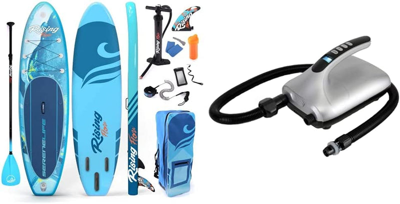 Serenelife Inflatable Stand up Paddle Board (6 Inches Thick) with Premium SUP Accessories & Carry Bag | Wide Stance, Bottom Fin for Paddling, Surf Control, Non-Slip Deck | Youth & Adult Standing Boat Sporting Goods > Outdoor Recreation > Fishing > Fishing Rods SenerelifeHome Blue Wave Paddle Board + Air Pump Compressor,110W 12 V 
