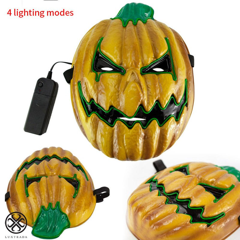 Luxtrada Halloween Scary Pumpkin Mask Cosplay Decorations Led Costume Mask EL Wire Light up for Halloween Festival Party Yellow + 2Pcs AA Battery