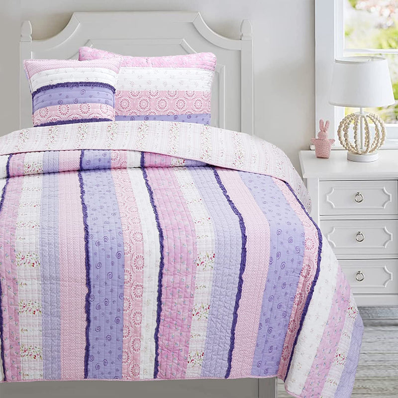 Cozy Line Home Fashions Colorful Striped Ruffle Floral 100% Cotton Reversible Girl Quilt Bedding Set, Reversible Coverlet Bedspread (Rainbow, Queen - 3 Piece) Home & Garden > Linens & Bedding > Bedding Cozy Line Home Fashions Purple Ruffle Twin 