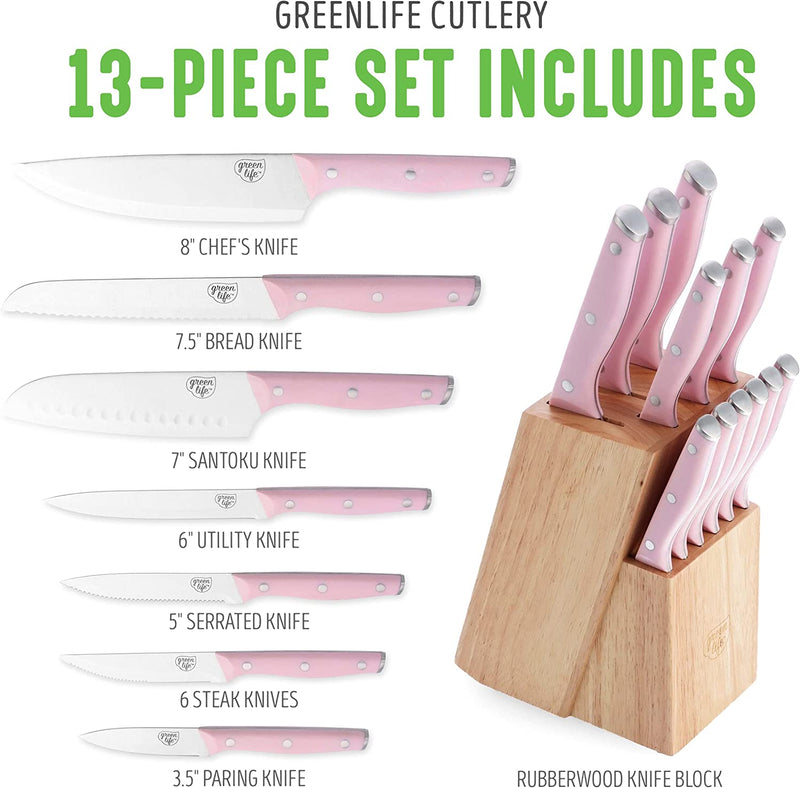 Greenlife High Carbon Stainless Steel 13 Piece Wood Knife Block Set with Chef Steak Knives and More, Comfort Grip Handles, Triple Rivet Cutlery, Soft Pink Home & Garden > Kitchen & Dining > Kitchen Tools & Utensils > Kitchen Knives GreenLife   