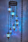 7 Globes Swag Plug in Turkish Moroccan Mosaic Bohemian Tiffany Ceiling Hanging Pendant Light Lamp Chandelier Lighting with 15Feet Cord Chain and Plug, 50" Height (Multicolor) Home & Garden > Lighting > Lighting Fixtures > Chandeliers DEMMEX Blue  