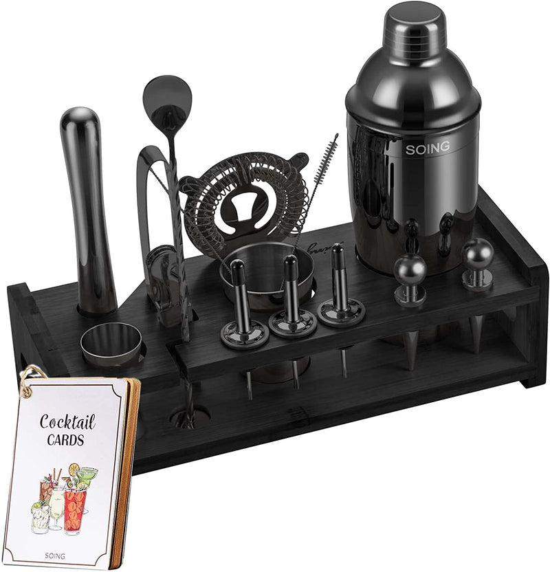 SOING 24-Piece Bartender Kit with Stand,Perfect Mixology Bar Kit Cocktail Shaker Set for Drink Mixing,Stainless Steel Bar Tools with All Needed Accessories,Recipes Home & Garden > Kitchen & Dining > Barware SOING Black+black Stand  