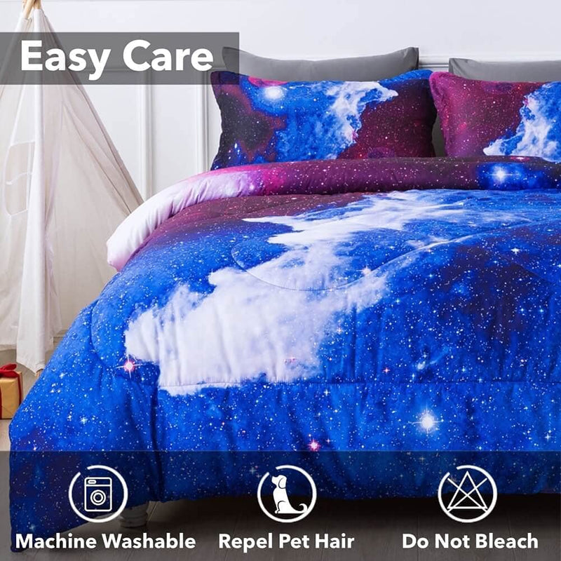 Paxrac 3D Galaxy Queen Comforter Set (90''X90''), 3 Pieces All Season down Alternative Comforter Set (1 Galaxy Blue Comforter, 2 Pillowcases), Universal Outer Space Bedding Set, Microfiber Comforter