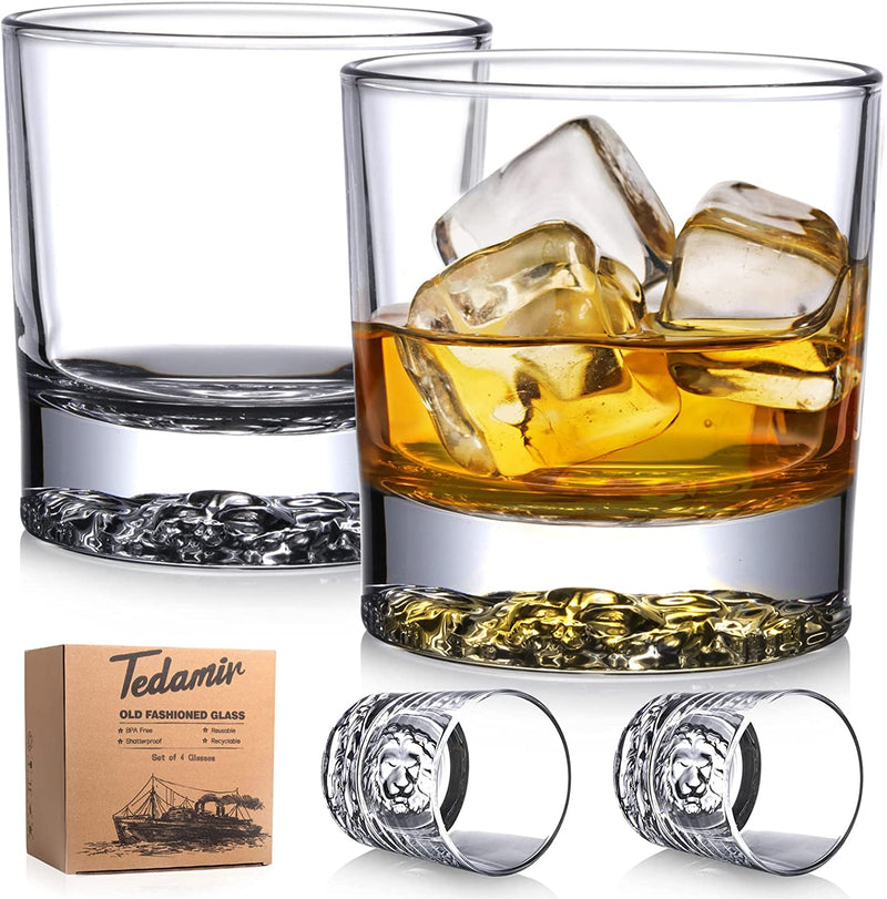 Set of 4 Whiskey Glass with Gift Box, 10 Oz Classic Rocks Barware Old Fashioned Glasses for Scotch Cocktail Whisky Rum Cognac Vodka Liquor Home & Garden > Kitchen & Dining > Barware Tedamir Carved Lion Pattern  