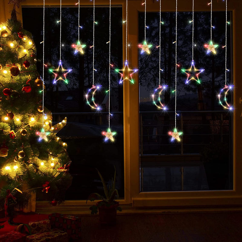 138 Leds Curtain Lights, 11.5FT Christmas Moon Star Window Fairy String Lights,Usb and Battery Powered for Indoor Window, Kid Bedroom, Patio, Front Porch, Camping, Guest Room Decoration, Multicolor  Lylyzoo   
