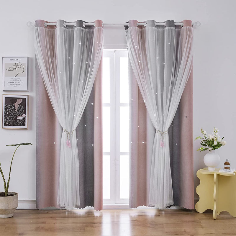 Star Cutout Girls Kids Room Curtains for Bedroom Living Room Decor Rainbow Ombre Gradient Darken Double Layer Window Cute Curtains ,W 52 X L63 Inches,Grey,Pink,Blue.2 Panels