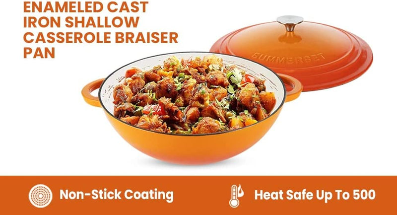 Enameled Cast Iron Casserole Braiser Pot with Lid, Wide Medium Size = 5 Quart, Premium Enamel Cast Iron Pot for Dutch Oven Cooking, NEW, Orange-Sunset Color.
