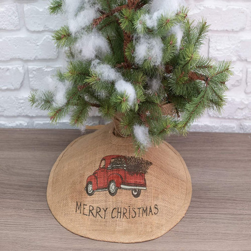 MERRY CHRISTMAS Red Pickup Truck Burlap Christmas Tree Skirt - 16" Diameter Home & Garden > Decor > Seasonal & Holiday Decorations > Christmas Tree Skirts The Country House   