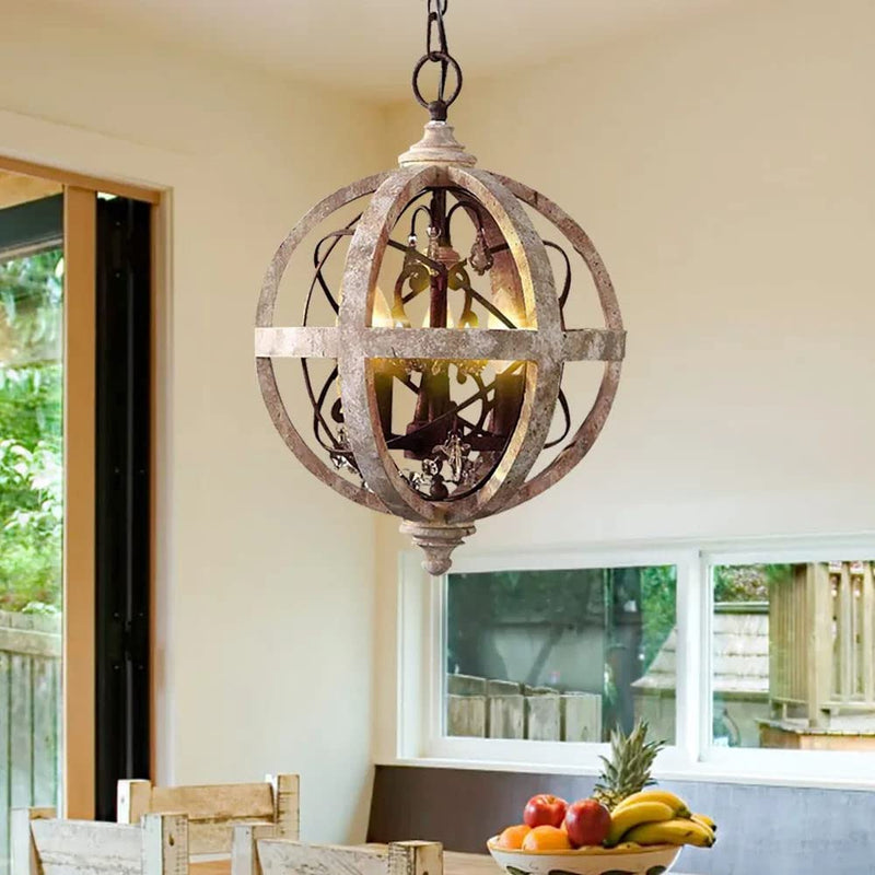 Kunmai Rustic Retro Weathered Wooden Globe Metal Orb Crystal 3-Light Chandelier Candle Style Pendant Light for Kitchen Island Entry Area Living Room (Small) Home & Garden > Lighting > Lighting Fixtures > Chandeliers KunMai Small  