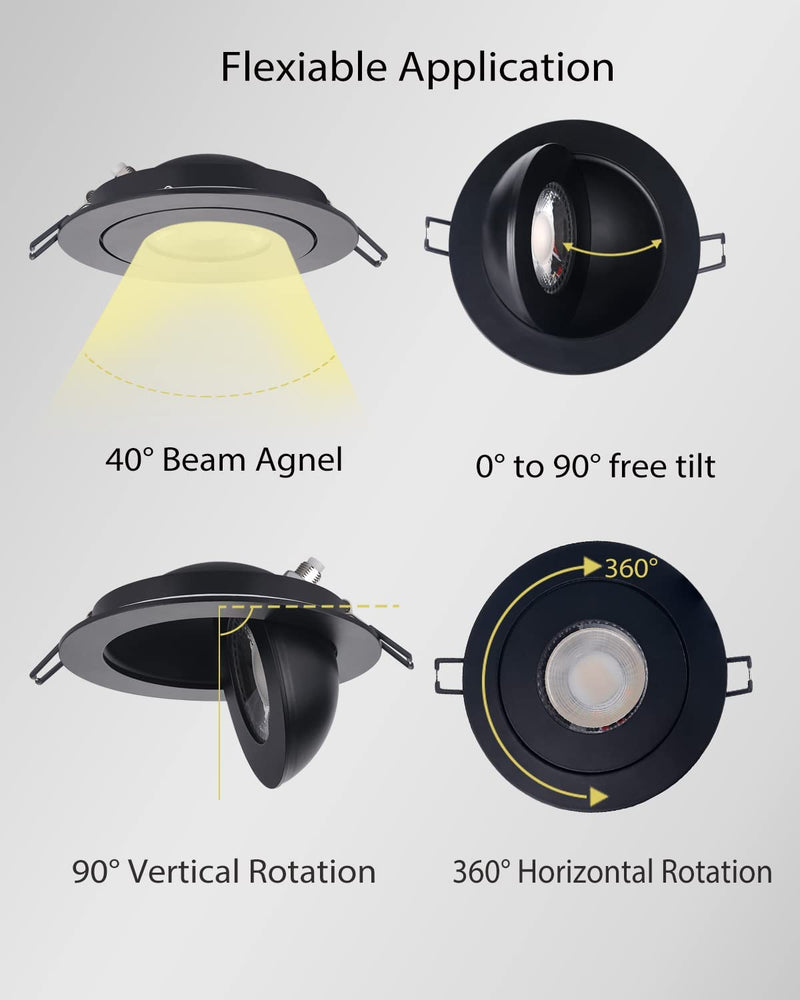 POPANU Swivel Gimbal Light Black Recessed 6PACK 4Inch 9W 360Degree Rotation 90Degree Tilt LED Canless Lighting Fixture