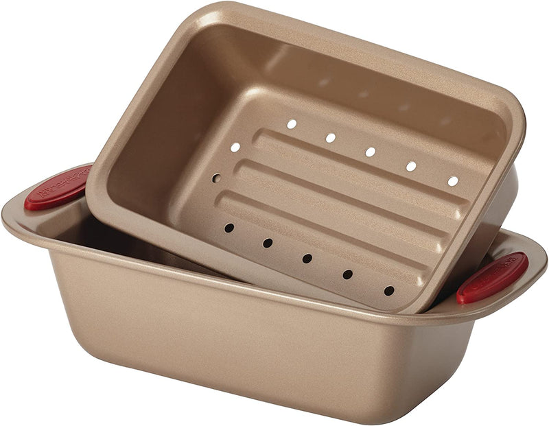 Rachael Ray Cucina Nonstick Bakeware Set Baking Cookie Sheets Cake Muffin Bread Pan, 10 Piece, Latte Brown with Cranberry Red Grips