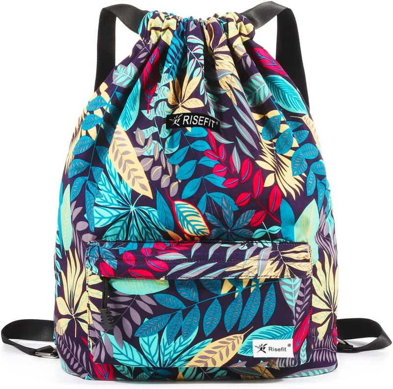 Waterproof Drawstring Bag, Gym Bag Sackpack Sports Backpack for Men Women Girls Home & Garden > Household Supplies > Storage & Organization Risefit 02-blue Leaves  
