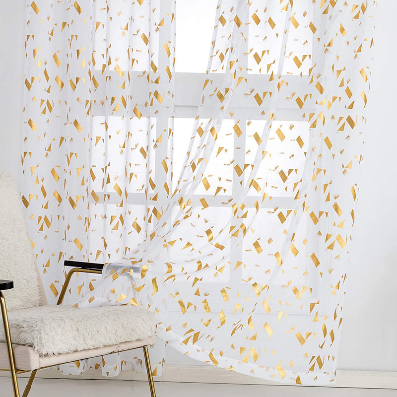 Kotile Sheer Curtains 84 Inches Long - Gold Foil Confetti Design Rod Pocket White Sheer Curtain for Living Room, 52 X 84 Inch, Set of 2 Panels Home & Garden > Decor > Window Treatments > Curtains & Drapes Kotile   