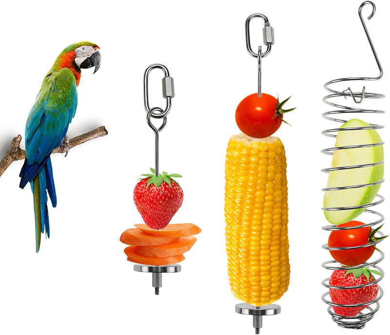 Patioer 3 Pieces Bird Food Holder Stainless Steel Parrot Hanging Vegetable Fruit Feeder Bird Treat Skewer Include 2 Pieces Small and Large Fruit Fork and a Food Basket, Parrot Foraging Toy Animals & Pet Supplies > Pet Supplies > Bird Supplies > Bird Cage Accessories > Bird Cage Food & Water Dishes Patioer   