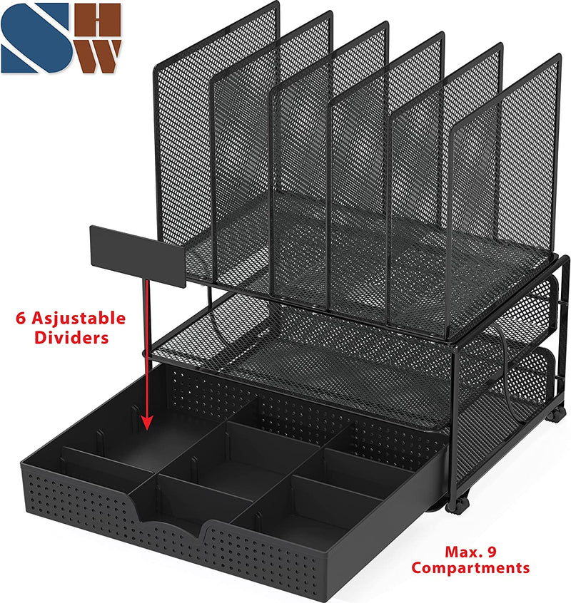 Simplehouseware Mesh Desk Organizer with Sliding Drawer, Double Tray and 5 Upright Sections, Black
